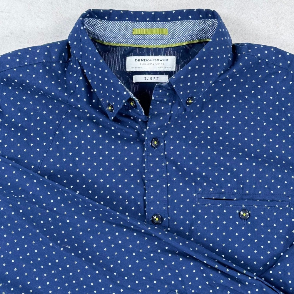 Denim & Flower Mens Slim Fit Navy Blue Micro Dot Long Sleeve Button Down Shirt L